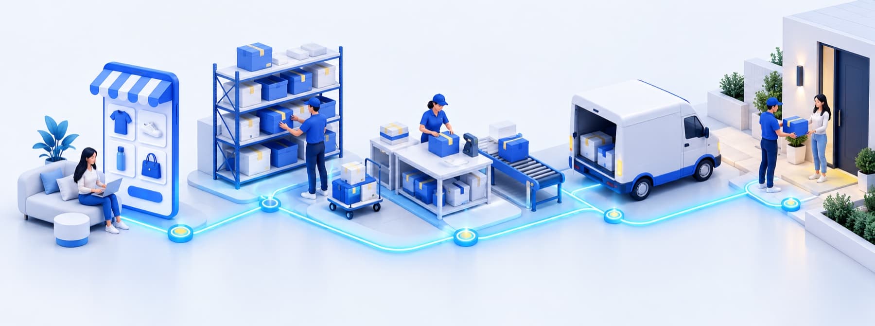 Online order moving through warehouse picking, packing, courier dispatch and delivery