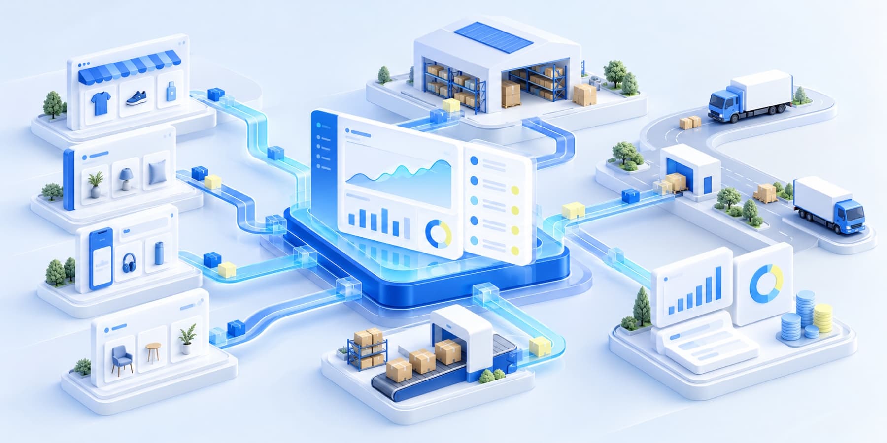 Storefronts, warehouse, delivery and finance connected to one commerce operations dashboard